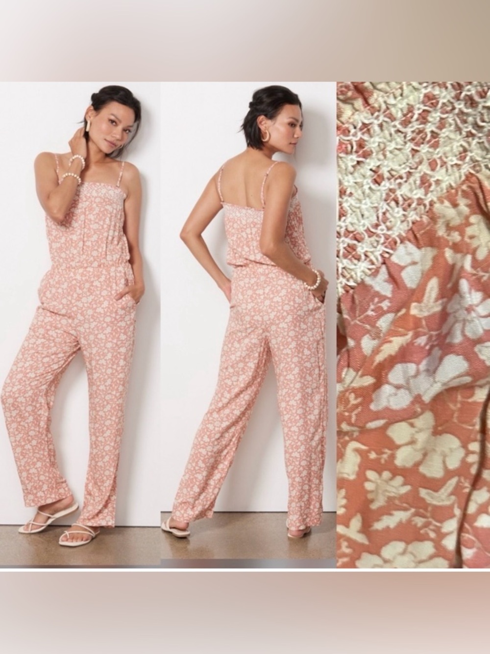 Faherty Renata Smocked Jumpsuit
⁦Romper Pants Pink/White  Size M medium organic